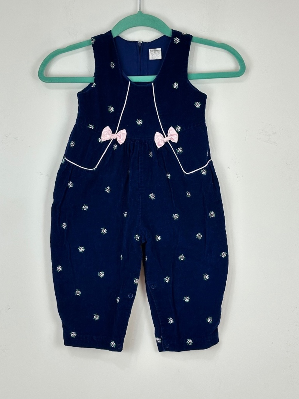 Vintage Girls Blue Corduroy Embroidered Floral Romper 24 Months Fall Winter